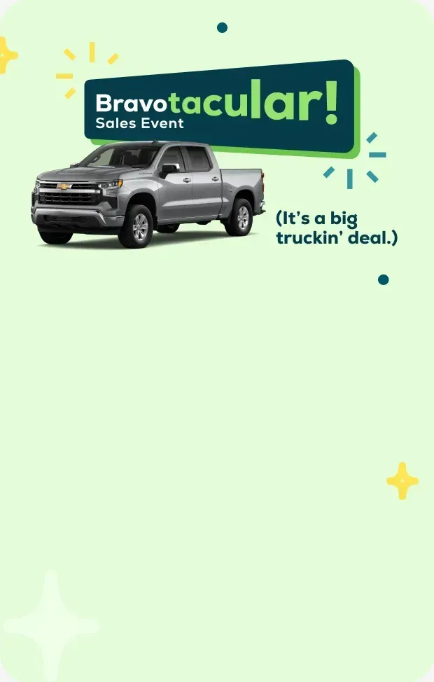 CarBravo Bravotacular Sales Event artwork with a Chevrolet Silverado, mobile blog layout