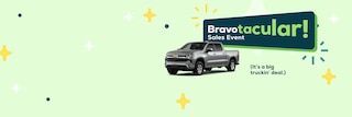 CarBravo Bravotacular Sales Event artwork with a Chevrolet Silverado, desktop homepage layout