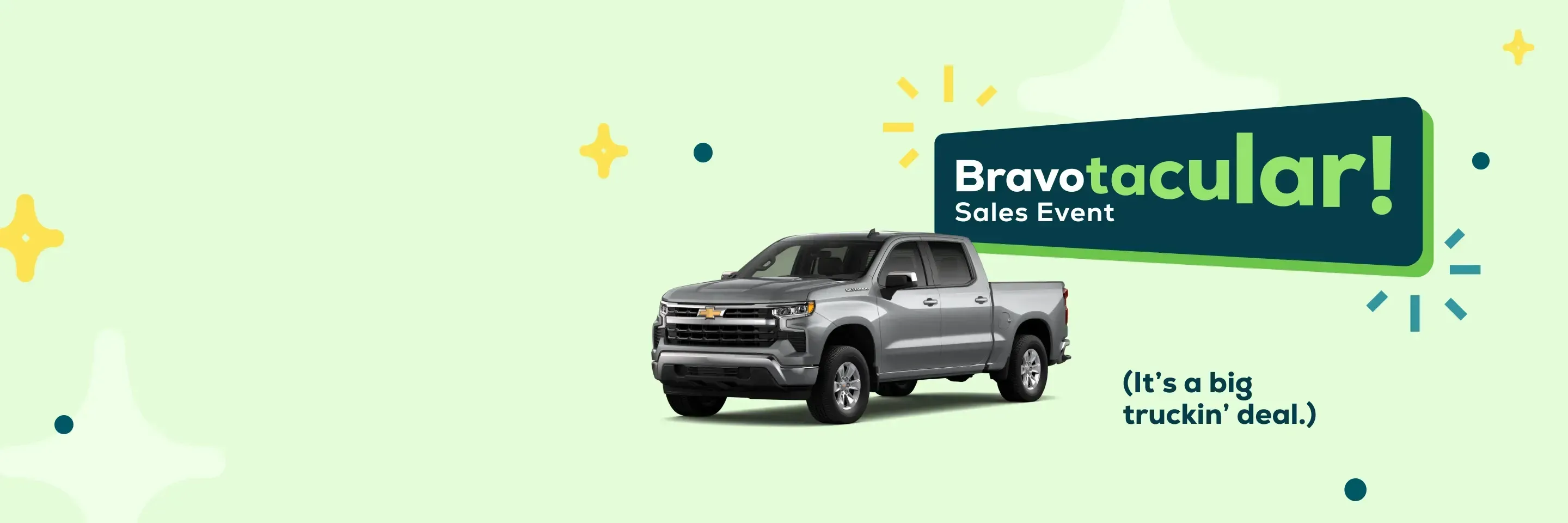 CarBravo Bravotacular Sales Event artwork with a Chevrolet Silverado, desktop landing page layout