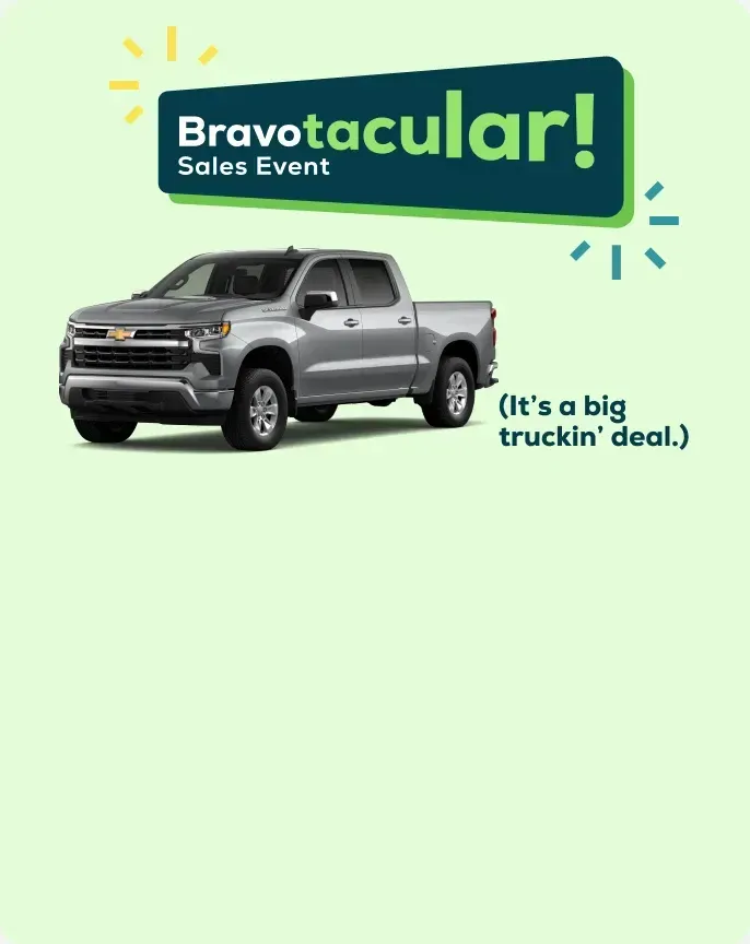CarBravo Bravotacular Sales Event artwork with a Chevrolet Silverado, mobile offers layout